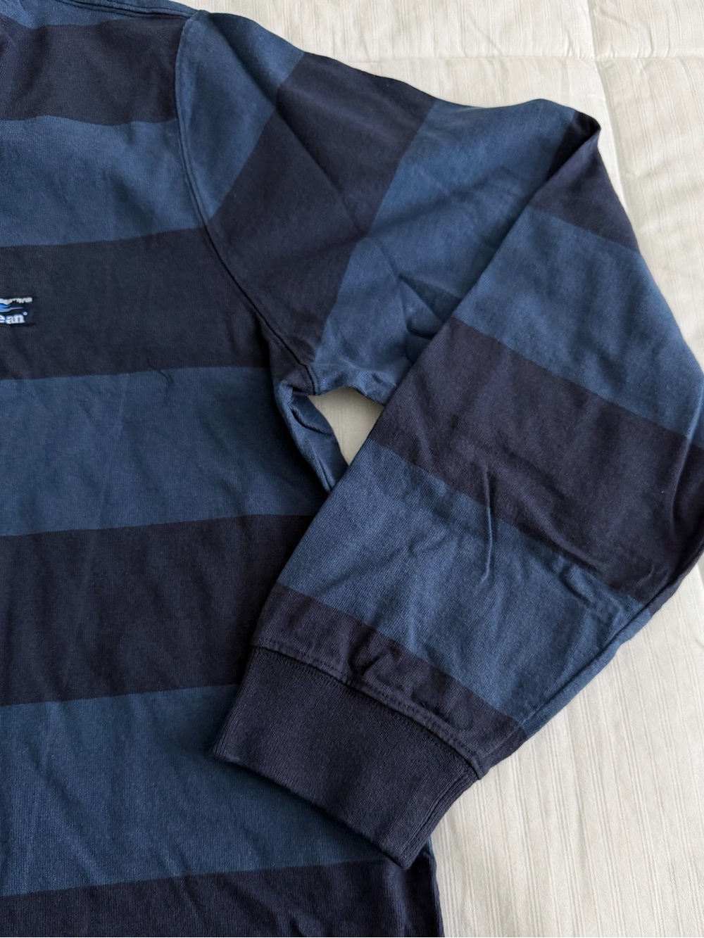 NWT L.L. Bean Men's Rugby Hoodie in Navy & Dark Navy Stripe - Picture 6 of 10